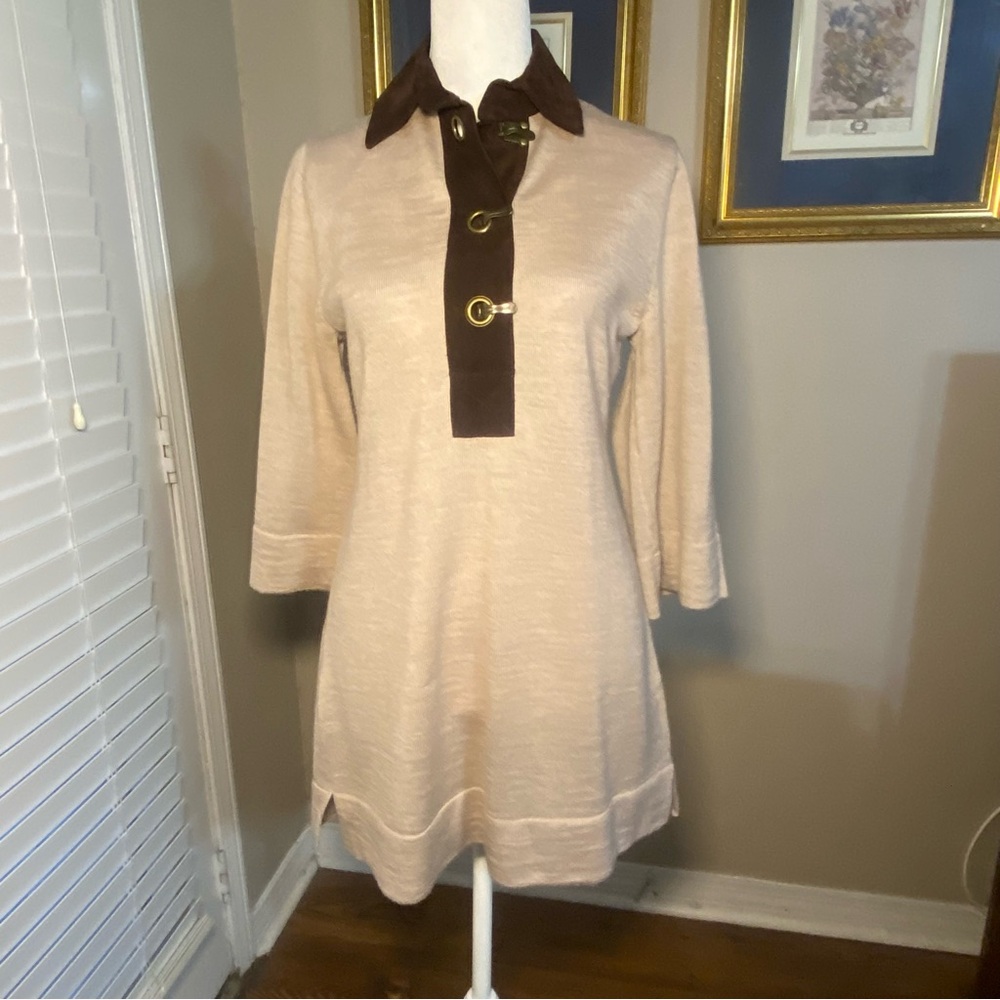 Soft Surroundings Womens XS Beige Knit Tunic Brown Suede Toggle Wool Blend